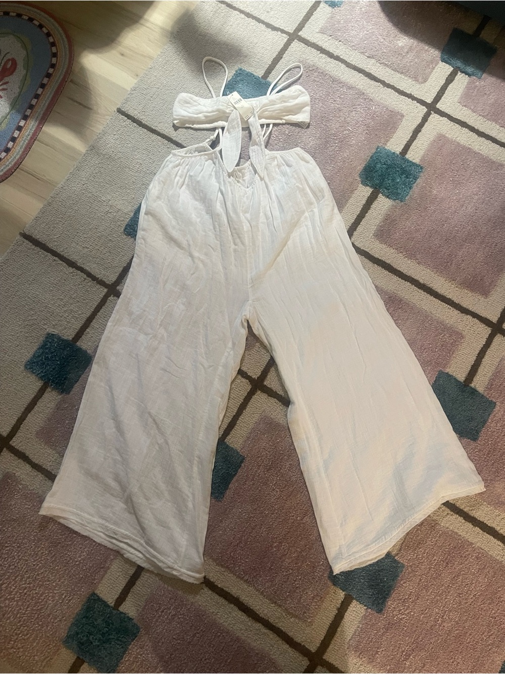 Anthropologie Cream Wide-Leg Tie-Back Jumpsuit